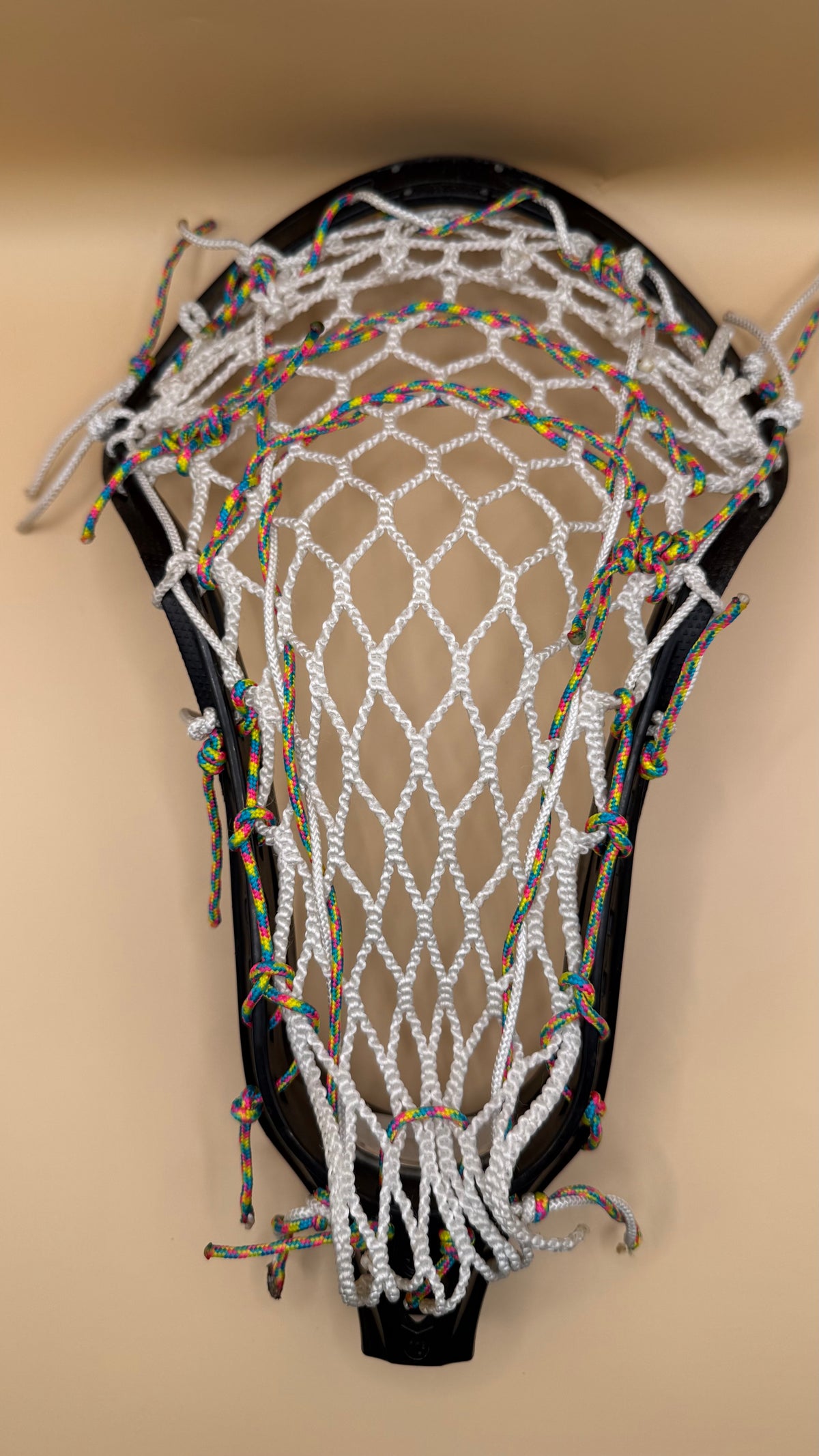 Nike Lunar 10-Degree girls lacrosse head, white mesh, rainbow strings